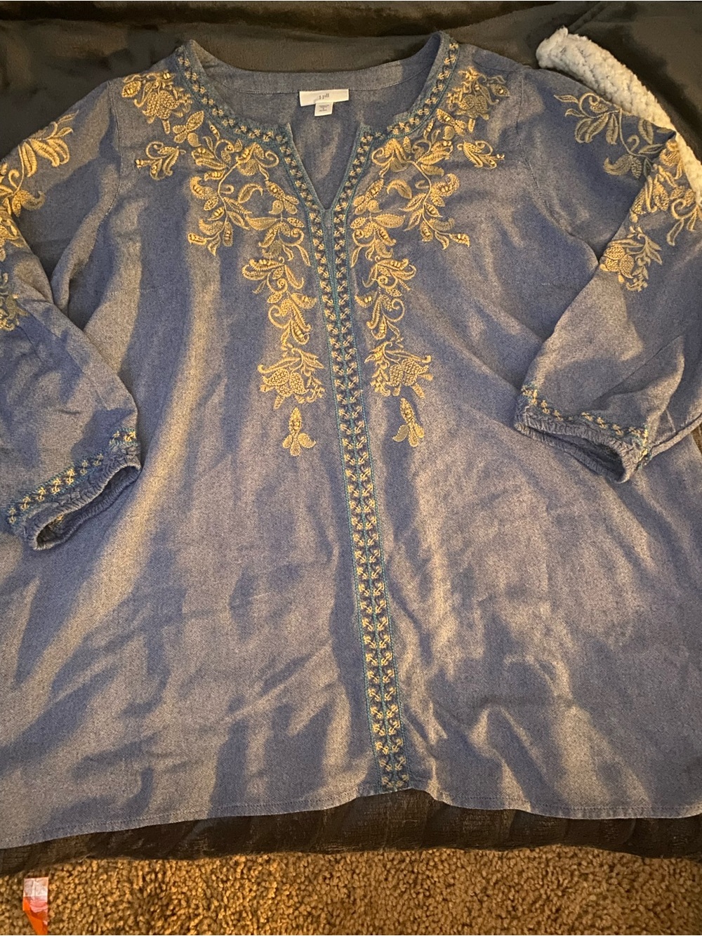 J. Jill Blue Tunic Top with Gold Floral Embroidery